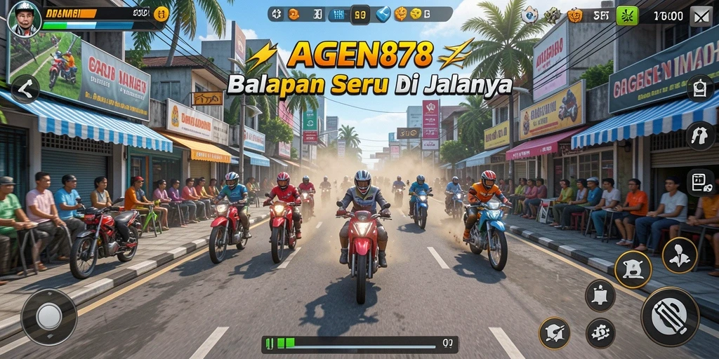 Screenshot gameplay AGEN878 menunjukkan adrenalin balap yang mendebarkan.