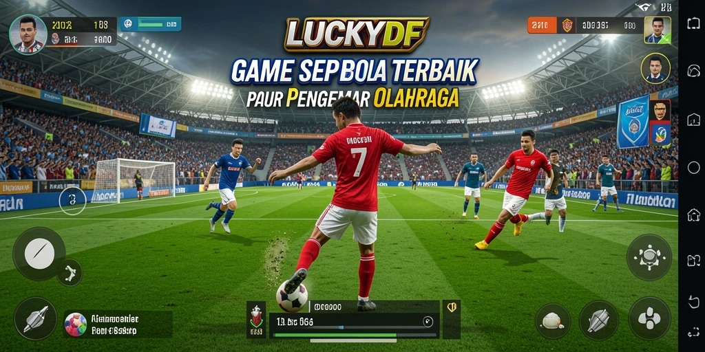 Screenshot dari gameplay LUCKYDF yang menunjukkan aksi seru di lapangan sepak bola.