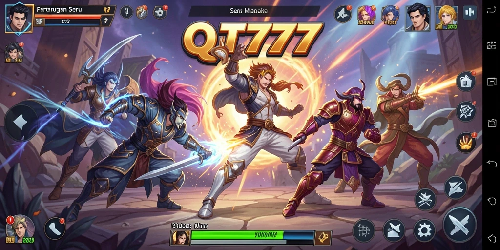 Tangkapan layar QT777 menampilkan duel seru antara dua karakter dengan efek pertarungan yang menakjubkan.