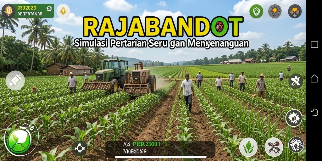 Tangkapan layar utama RAJABANDOT menampilkan ladang pertanian yang subur dan aktivitas menanam.