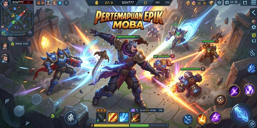 Screenshot gameplay SOV777 menampilkan aksi pertarungan MOBA yang seru.